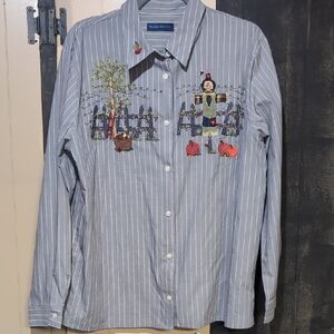 Karen Scott Embroidered Blue Striped Shirt